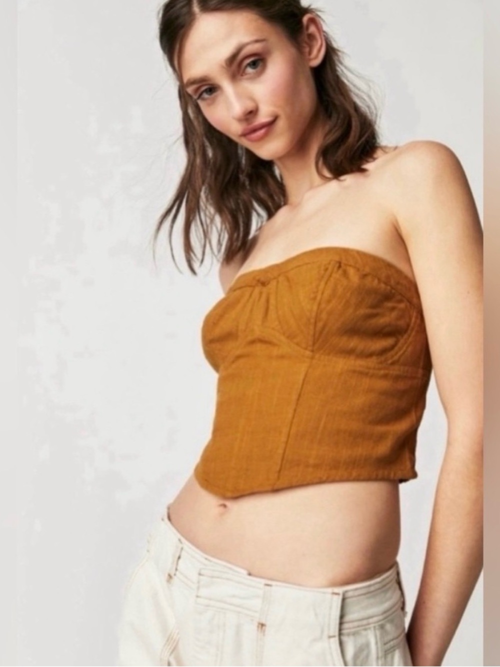 Free People Strapless Corset Crop Top in Mustard Brown